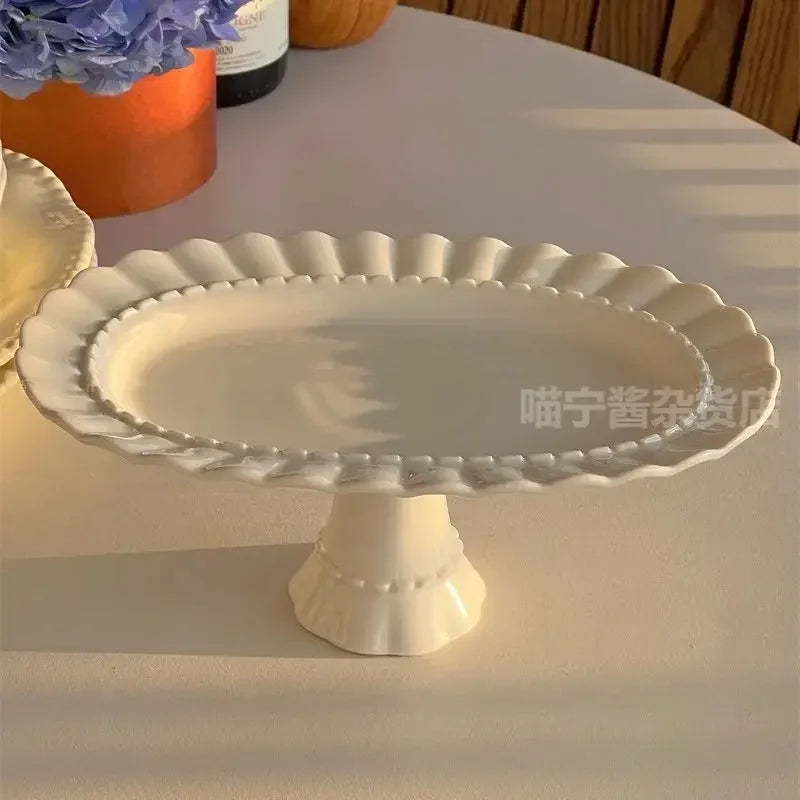 French Lace Ceramic High Leg Cake Plate Oval Afternoon Tea Dessert Dim Sum Plate Exquisite Display Plate