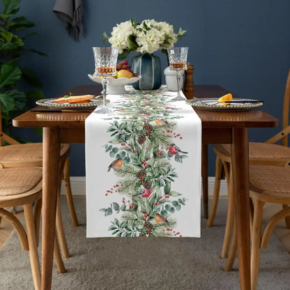 Christmas Cardinal Berry Green Plant Pine Linen Table Runner Dresser Scarves Winter Xmas Kitchen Table Runner Navidad Decoration