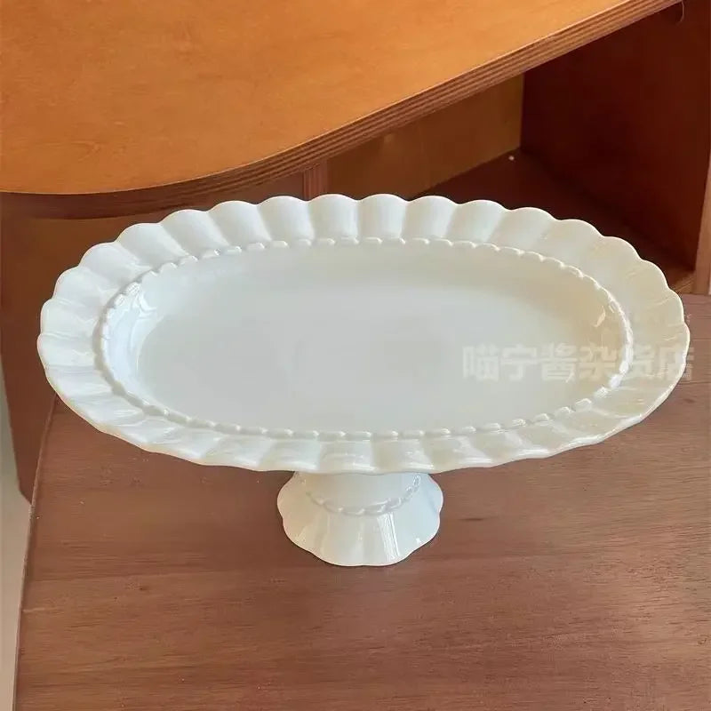 French Lace Ceramic High Leg Cake Plate Oval Afternoon Tea Dessert Dim Sum Plate Exquisite Display Plate