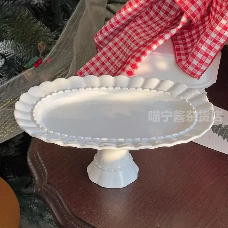 French Lace Ceramic High Leg Cake Plate Oval Afternoon Tea Dessert Dim Sum Plate Exquisite Display Plate