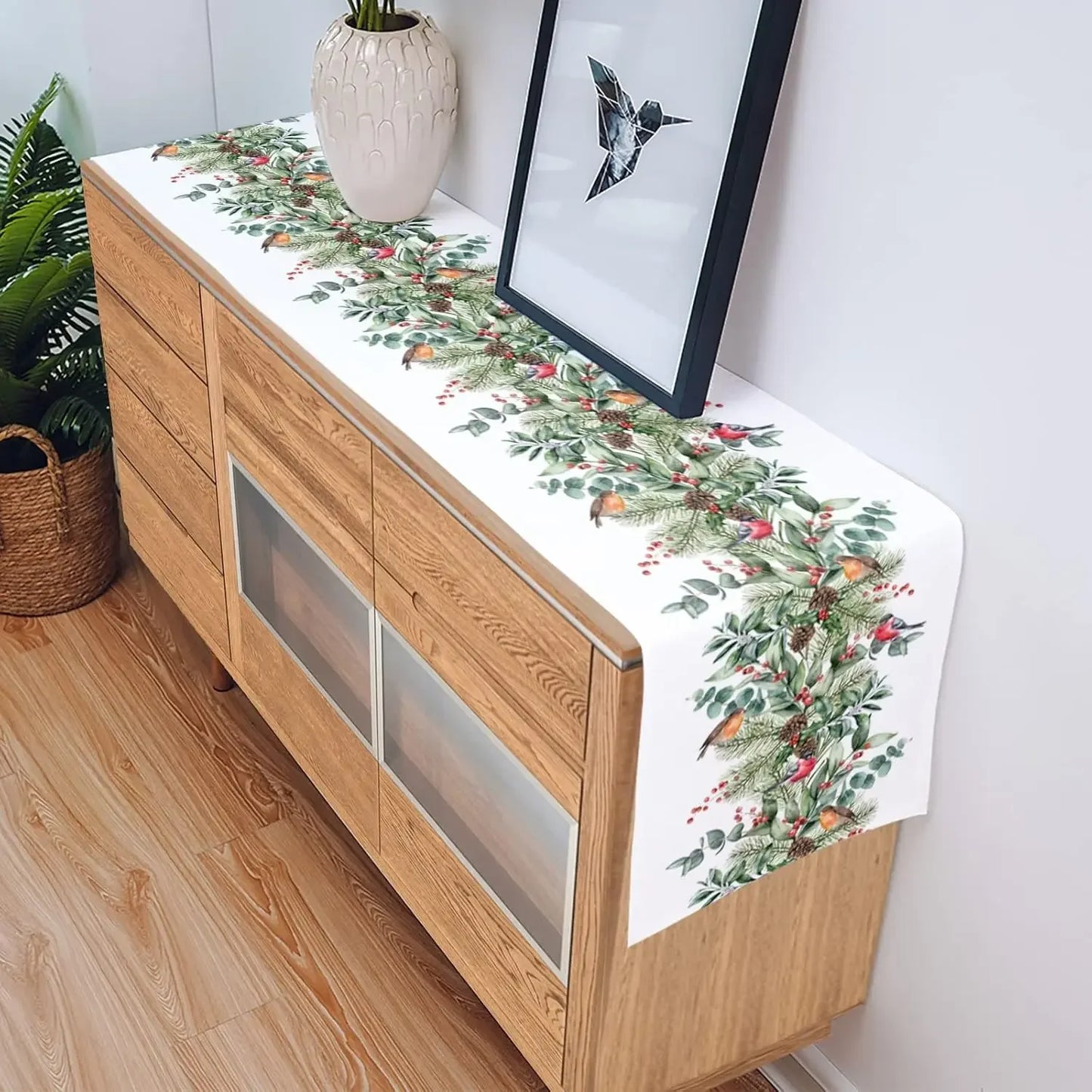 Christmas Cardinal Berry Green Plant Pine Linen Table Runner Dresser Scarves Winter Xmas Kitchen Table Runner Navidad Decoration